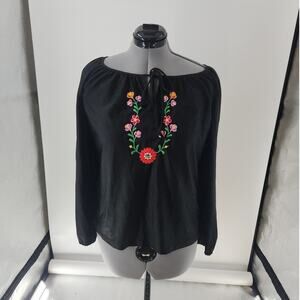 Ship N Shore Blouse Women's M Black W/ Floral embroidery Keyhole Neckline VTG